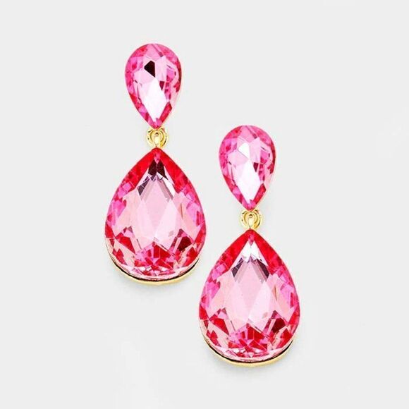 Pink Crystal Double Teardrop Gold Earrings - Picture 1 of 5